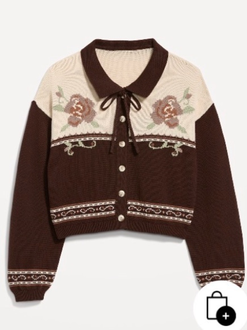 Old Navy Brown and Cream Floral Detail Knit Cardigan